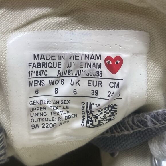 Mens Size 6 Converse Chuck 70 High x Comme des Garcons Play Steel Gray Sneakers - Picture 10 of 10